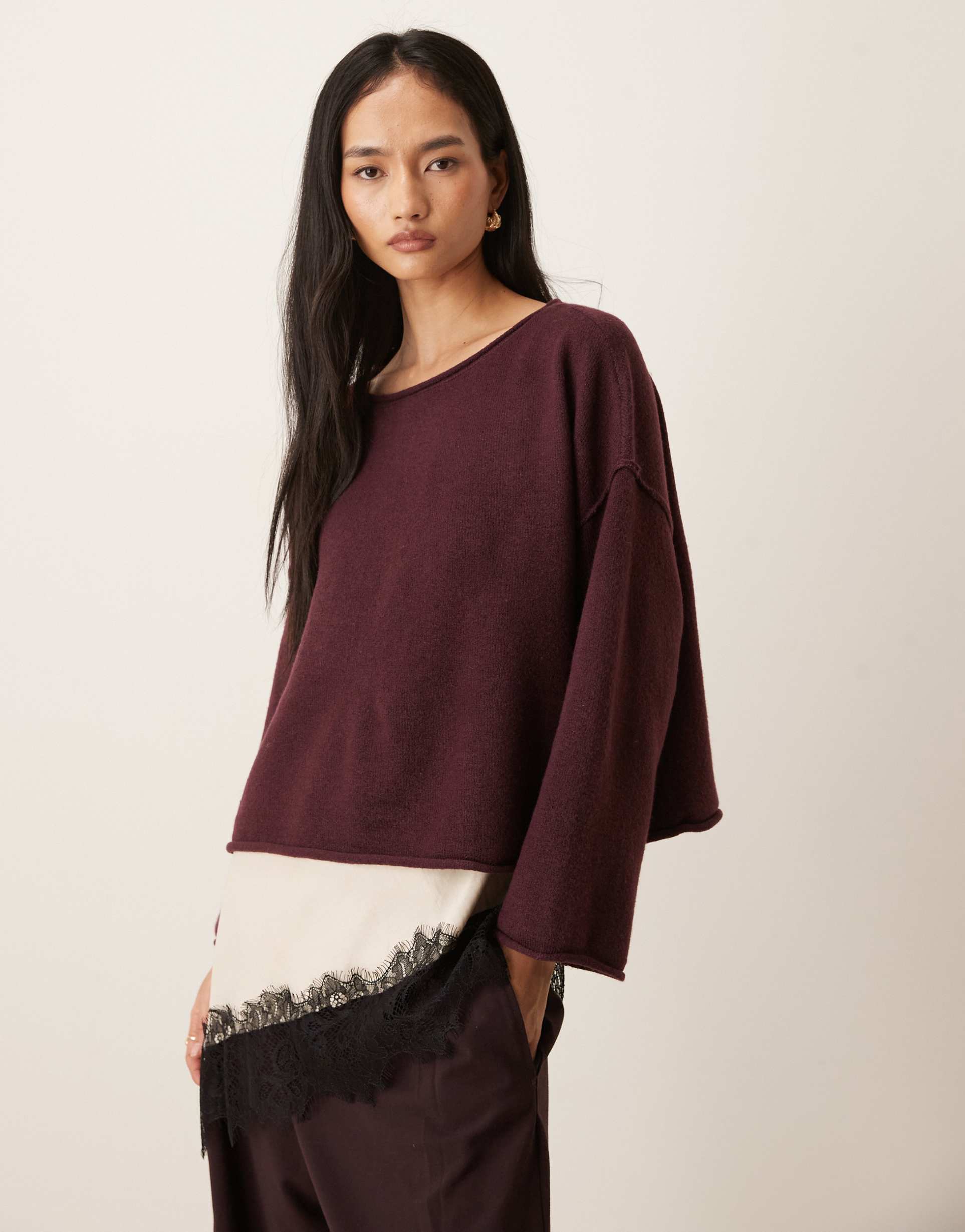 jdy boat neck knit sweater in burgundy