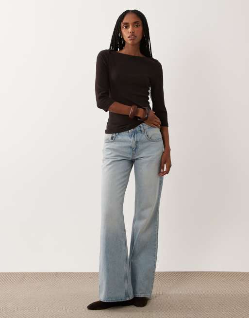 JDY boatneck 3/4 sleeve top in brown, 2 of 4
