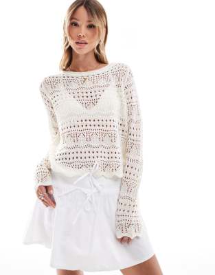 JDY boatneck broderie long sleeve top in cream-White