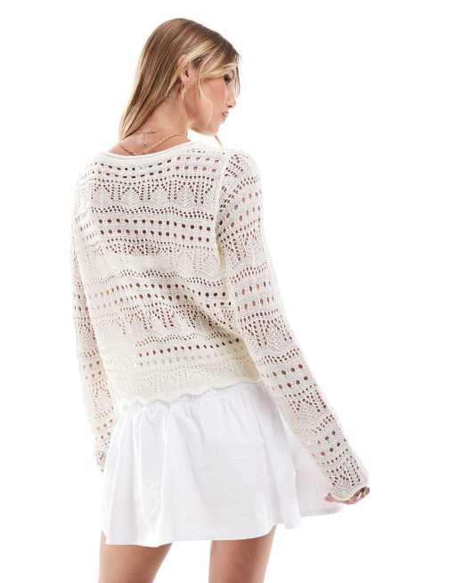 JDY boatneck broderie long sleeve top in cream, 4 of 4