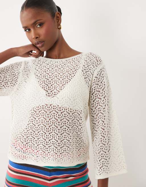 JDY boatneck crochet top in cream, 3 of 4