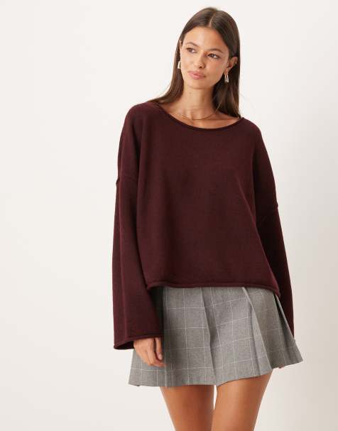 JDY boatneck knitted jumper in dark burgundy - view 1