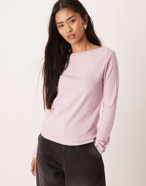 JDY boatneck ribbed top in pink - view 1