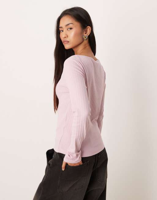 JDY boatneck ribbed top in pink, 3 of 4