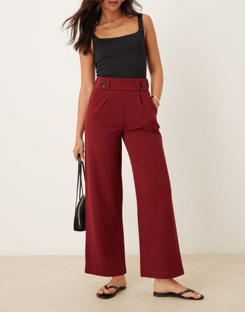 JDY button detail wide leg dad trousers in burgundy
