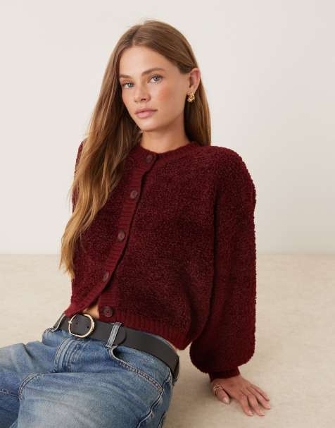 JDY borg cardigan in burgundy - view 1