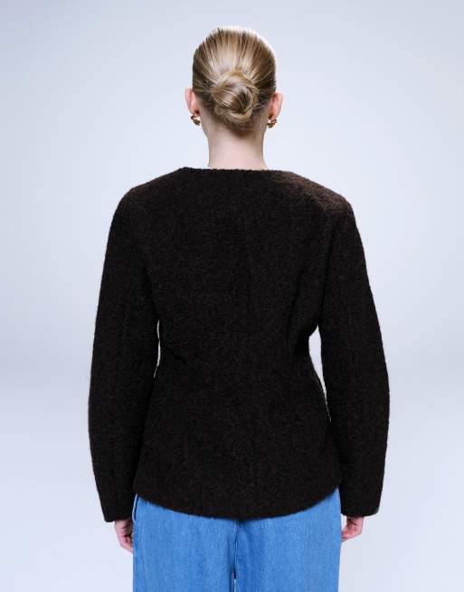 JDY boucle fitted blazer jacket in chocolate brown, 3 of 4