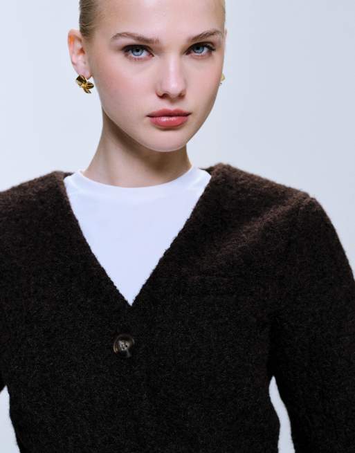 JDY boucle fitted blazer jacket in chocolate brown, 4 of 4