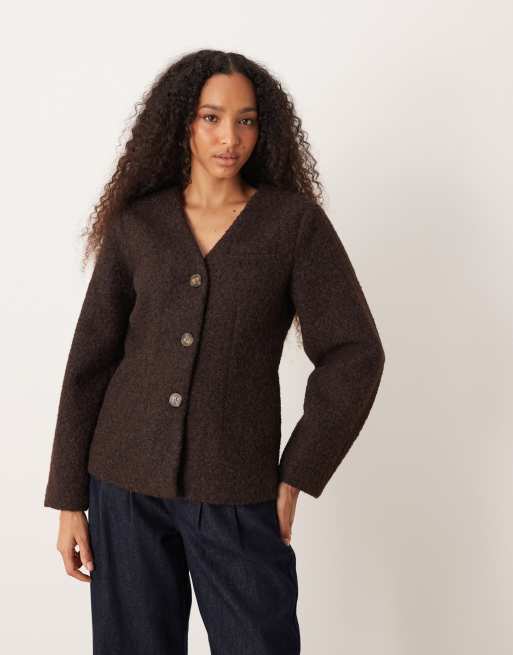 JDY boucle structured jacket in chocolate brown