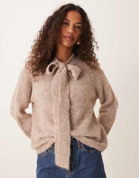 JDY bow detail knitted sweater in beige melange - view 1