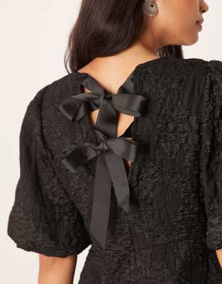 Jdy Bow Detail Textured Puff Sleeve Mini Dress In Black