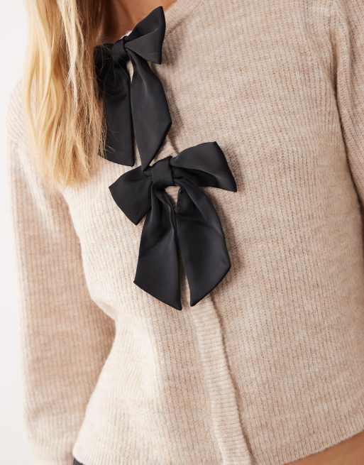 JDY bow details knitted cardigan in cream, 3 of 4