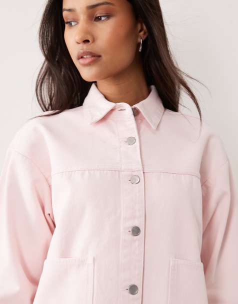 JDY boxy denim jacket with front pockets in pale pink - view 1