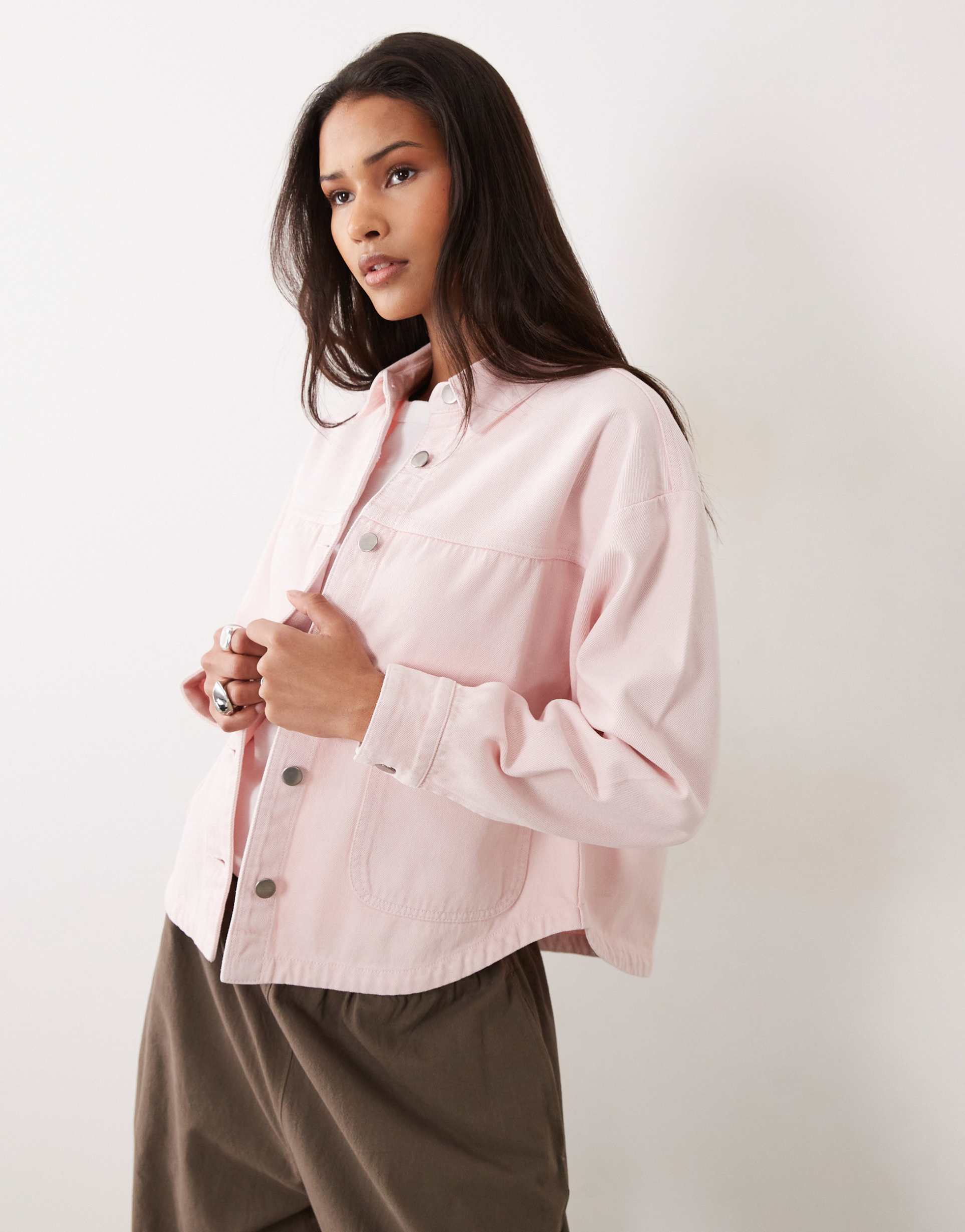 jdy boxy denim jacket with front pockets in pale pink