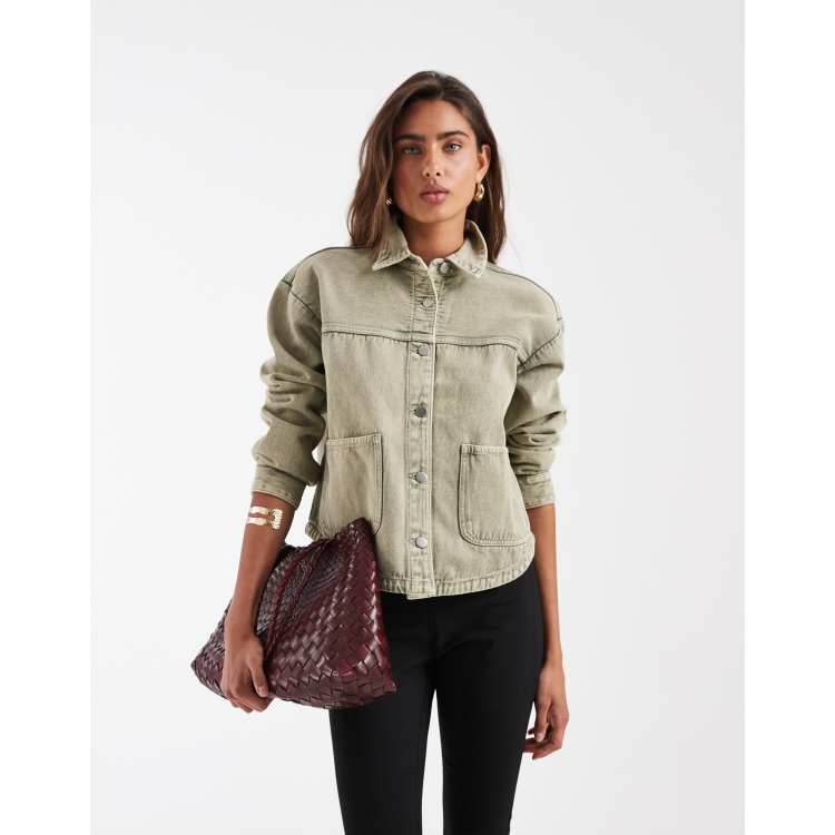 JDY boxy denim jacket with front pockets in washed khaki | ASOS