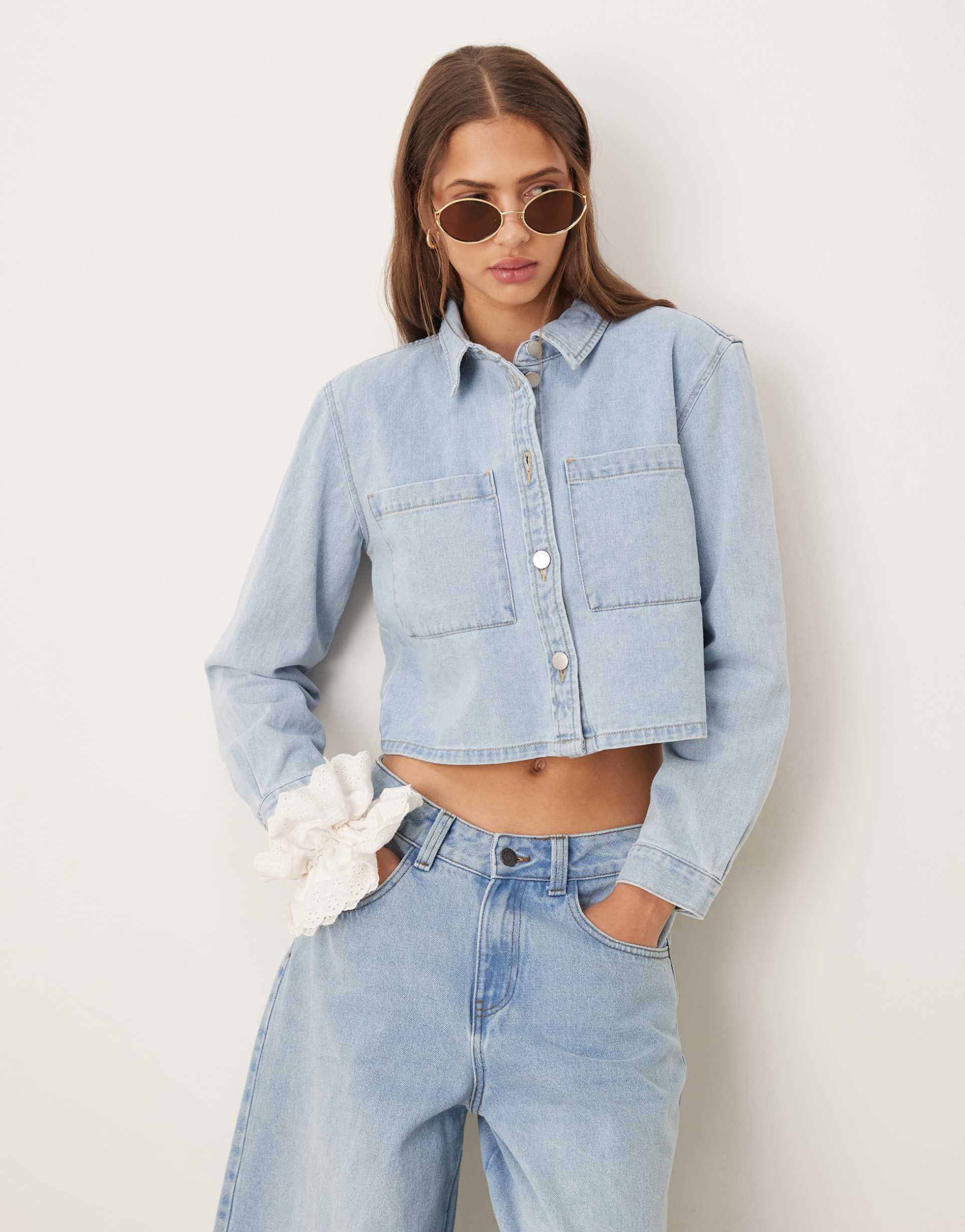 jdy boxy denim shacket in light blue wash
