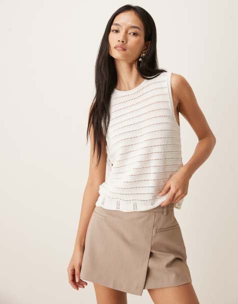 JDY boxy knit scallop edge vest with crochet detail piping in white - view 1