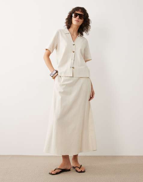 JDY boxy shirt & belted maxi skirt set with linen in oatmeal - view 1