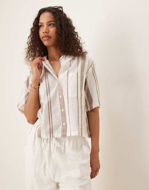 JDY boxy shirt in beige stripe - view 1