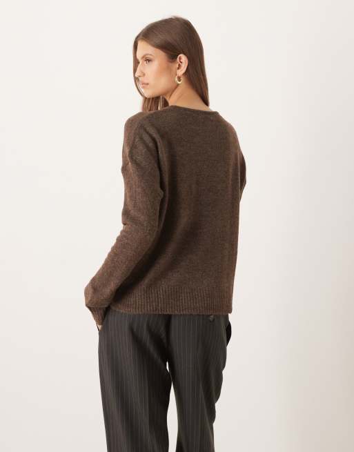 JDY – Brązowy melanżowy sweter dzianinowy z dekoltem w szpic, 4 z 4