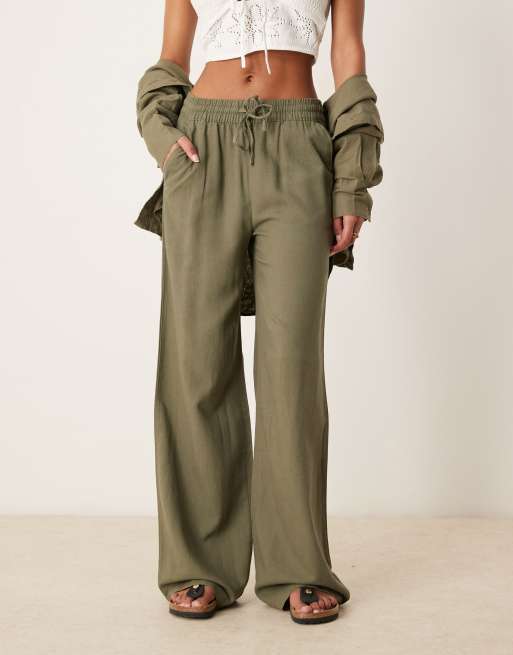 JDY - Broek van linnenmix met wijde pijpen in kaki, deel van co-ord set, 2 van 5