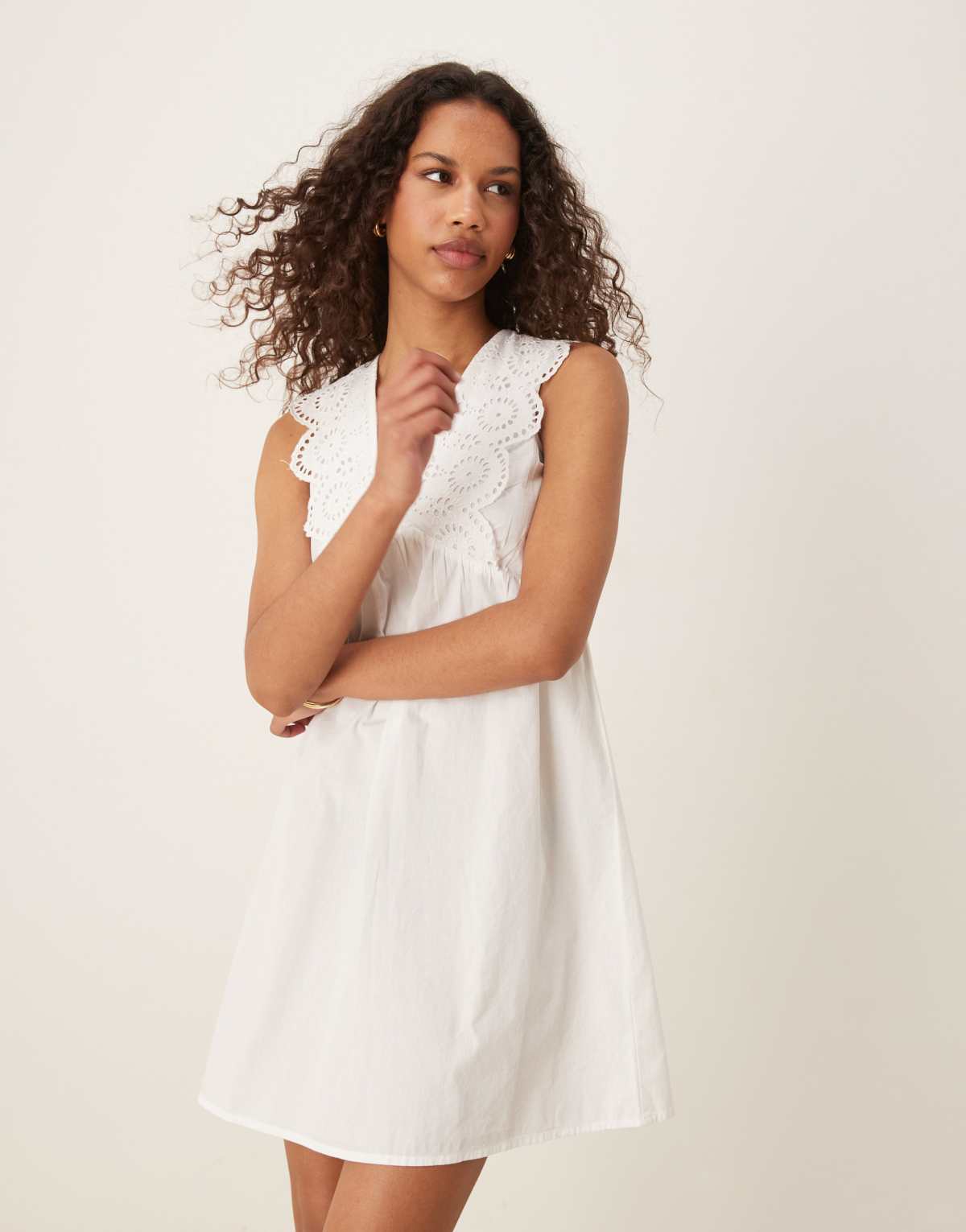 JDY broidery details mini dress in white