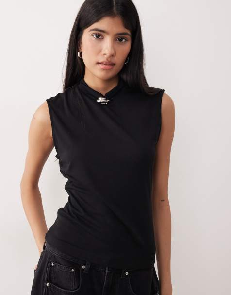 JDY brooch detail sleeveless high neck top in black - view 1