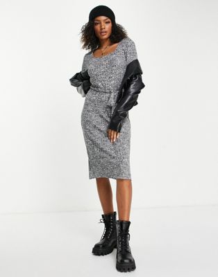 JDY knitted square neck midi dress in grey