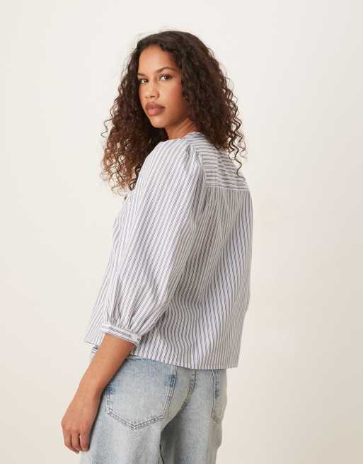 JDY bubble sleeve shirt in blue stripes, 2 of 4