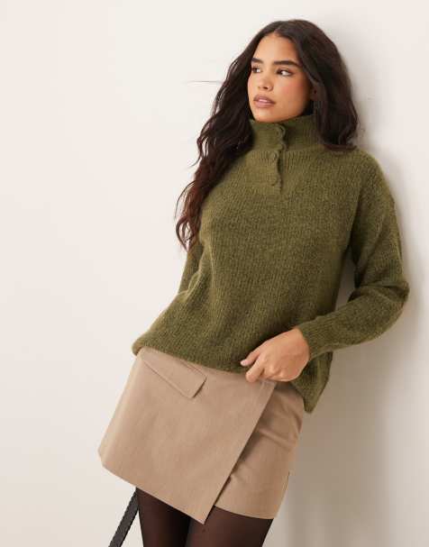 JDY button detail high neck knitted jumper in khaki - view 1