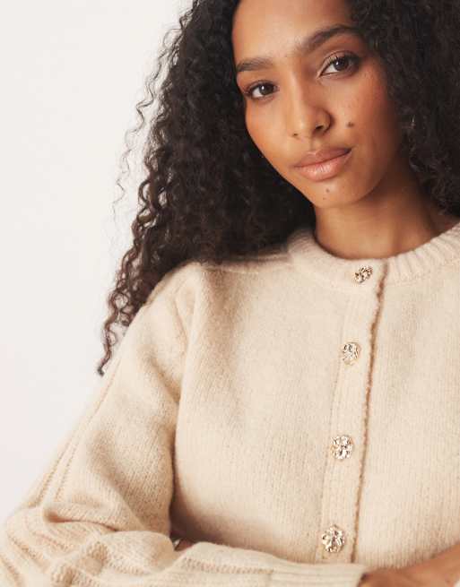 JDY button detail knitted cardigan in cream, 4 of 4