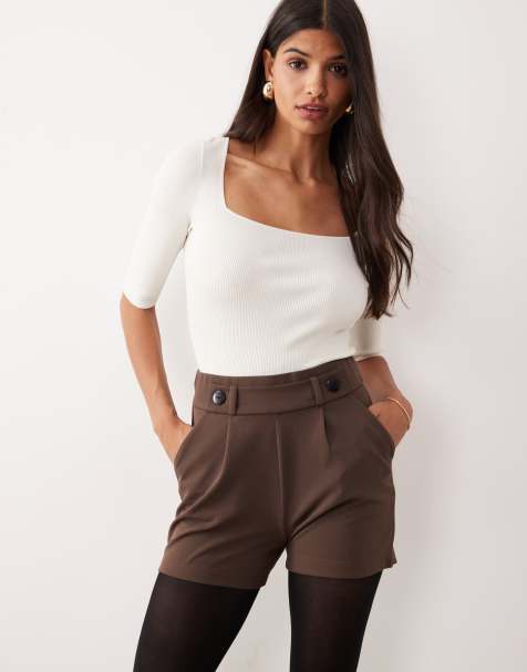 JDY button detail shorts in chocolate brown - view 1