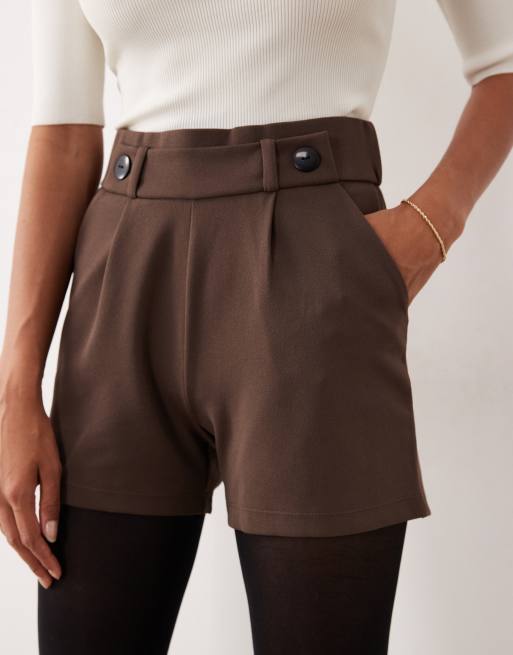 JDY button detail shorts in chocolate brown, 2 of 5