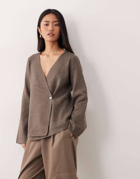 JDY button detail structured cardigan in brown - view 1