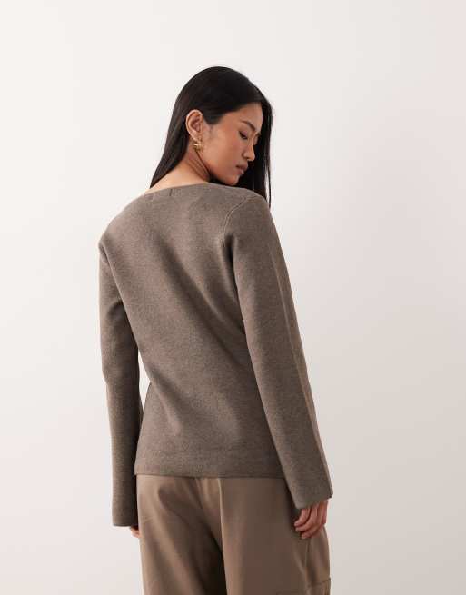 JDY button detail structured cardigan in brown, 3 of 4