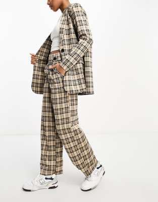 JDY JDY button detail tailored trousers in brown check