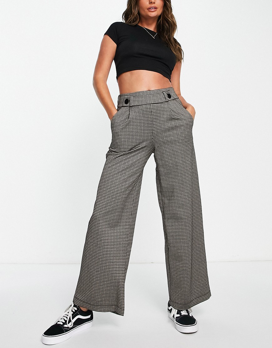 JDY button detail tailored trousers in brown micro check