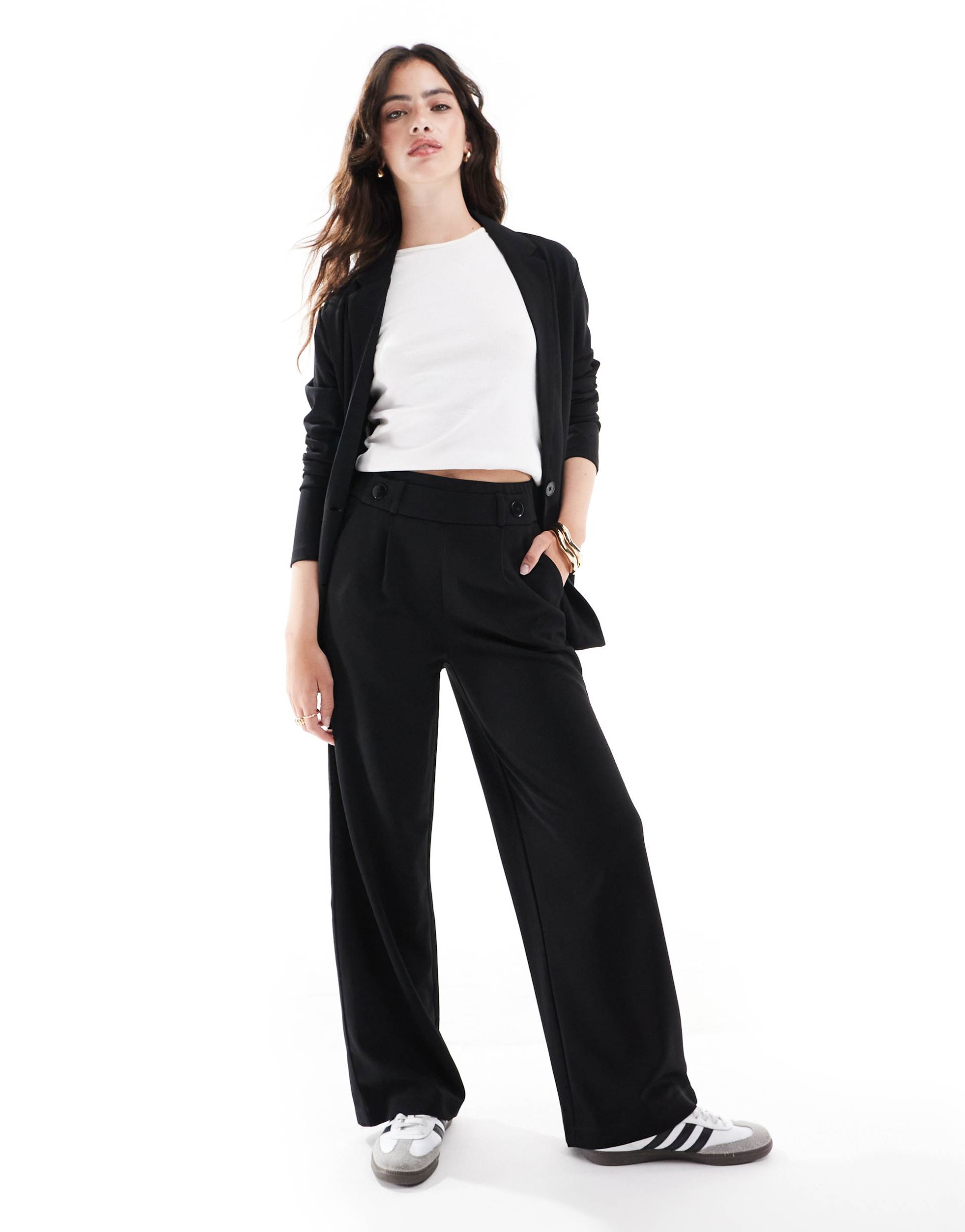 jdy button detail wide leg dad pants in black