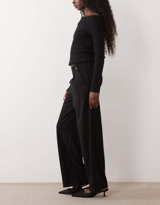 JDY button detail wide leg dad pants in black, 2 of 5