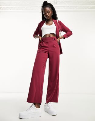 Jdy Button Detail Wide Leg Dad Pants In Burgundy - Part Of A Set-red
