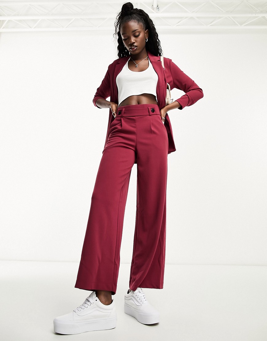 JDY button detail wide leg dad pants in burgundy - part of a set-Red