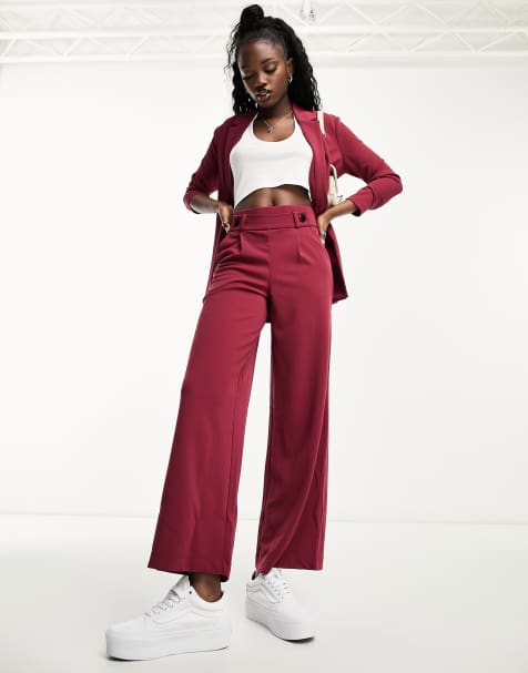 JDY button detail wide leg dad trousers co-ord in burgundy