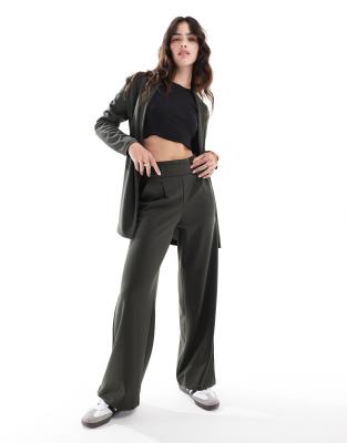 button detail wide leg dad pants in dark green-Gray