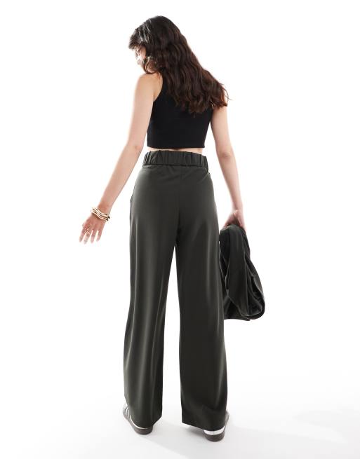 JDY button detail wide leg dad pants in dark green, 4 of 5
