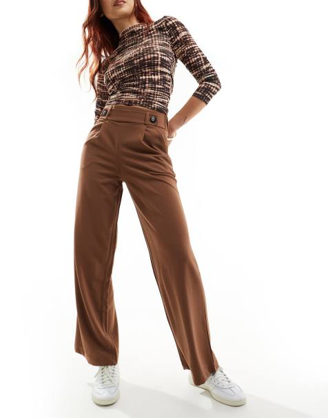 JDY button detail wide leg dad pants in light brown - view 1
