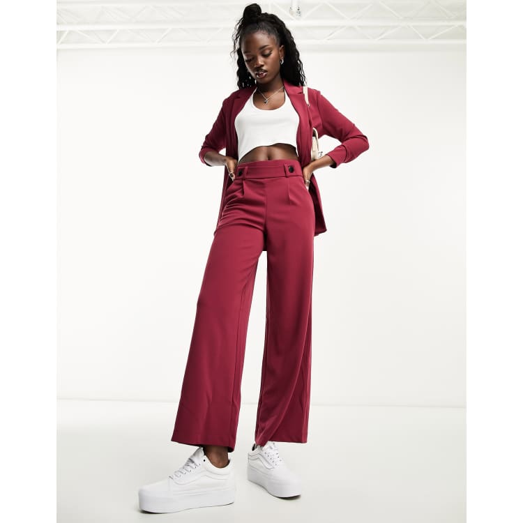 JDY button detail wide leg dad trousers co-ord in burgundy