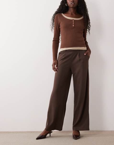 JDY button detail wide leg pants in chocolate brown - view 1