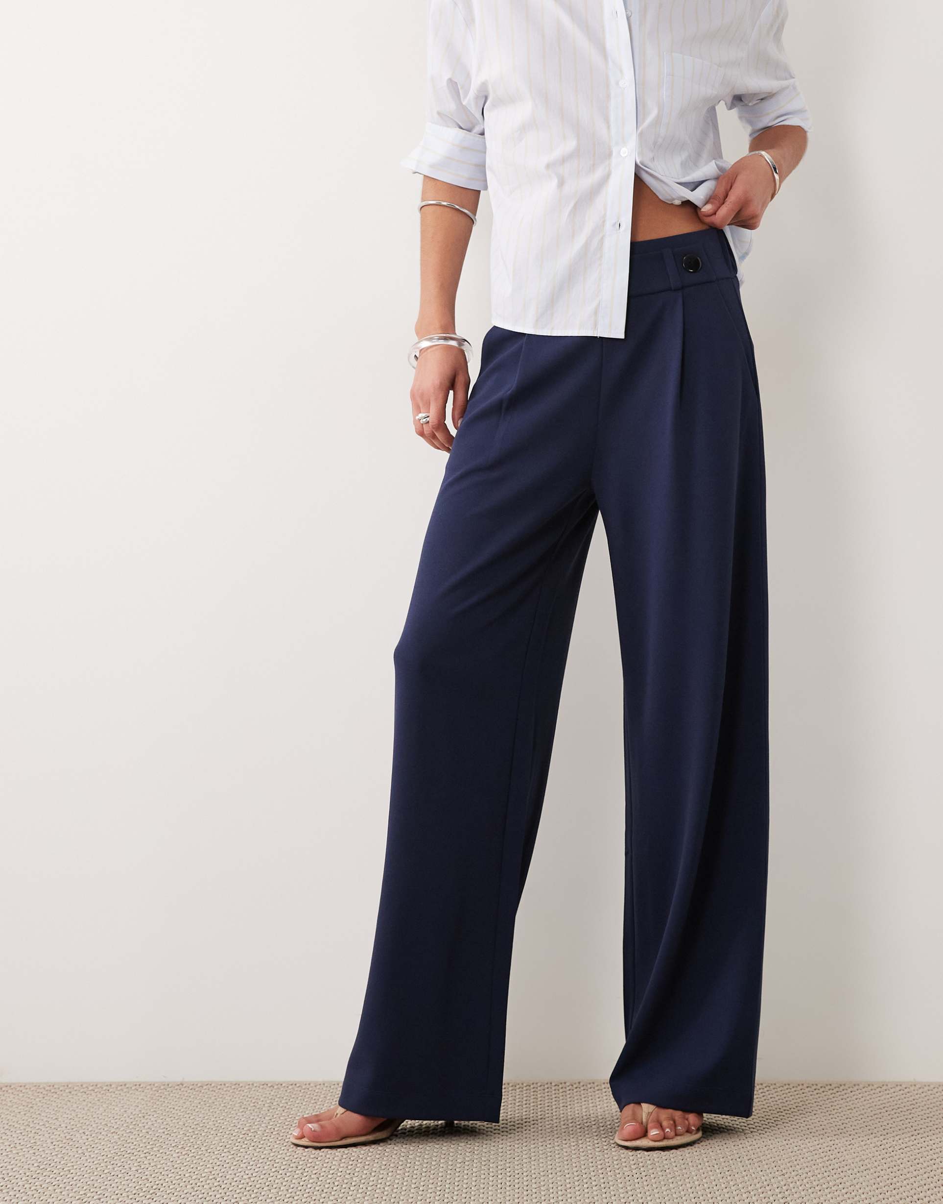 jdy button detail wide leg tailored pants in navy