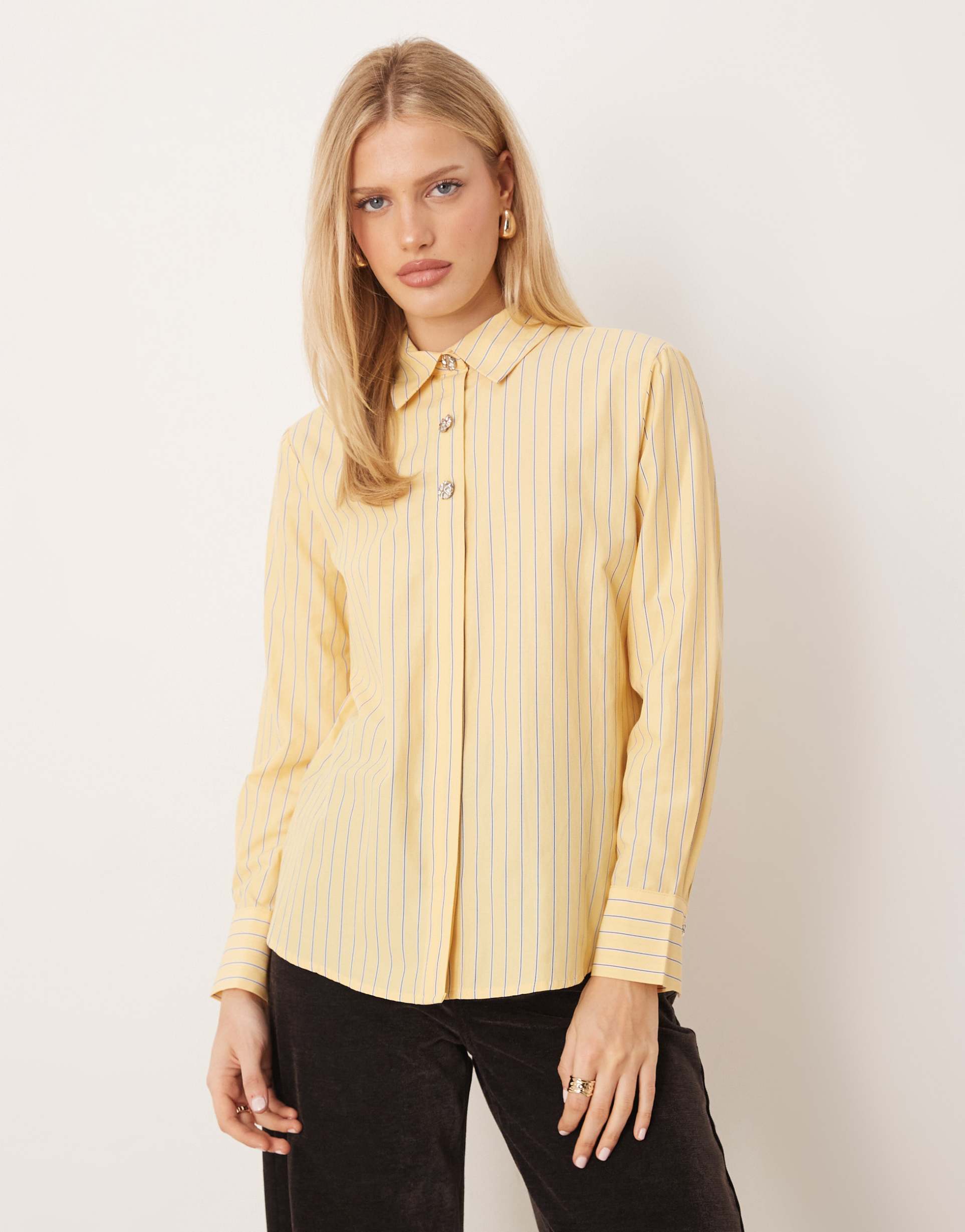 jdy button detailing long sleeve shirt in buttermilk stripes