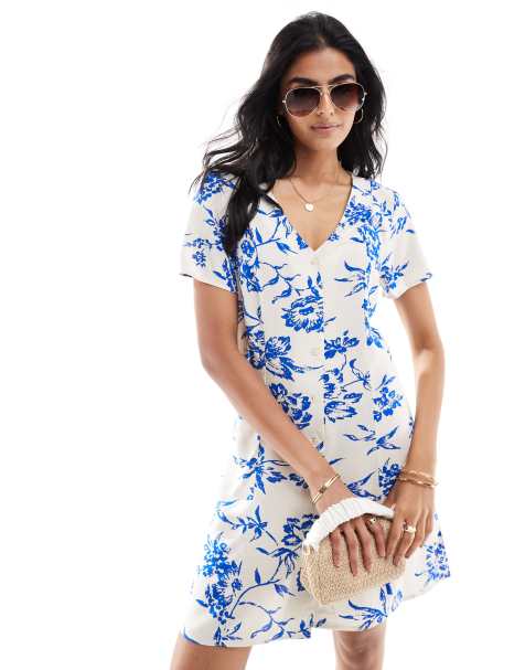 JDY button through dress with tie detail in white floral